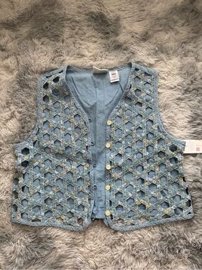 Susan Bristol Light Blue Crochet Vest with Yellow Floral Insets